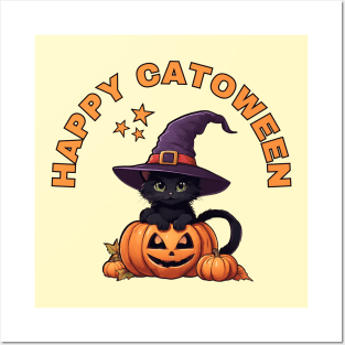 Happy Catoween Black Kitten Cat and Pumpkins Cheeky Witch® Posters and Art